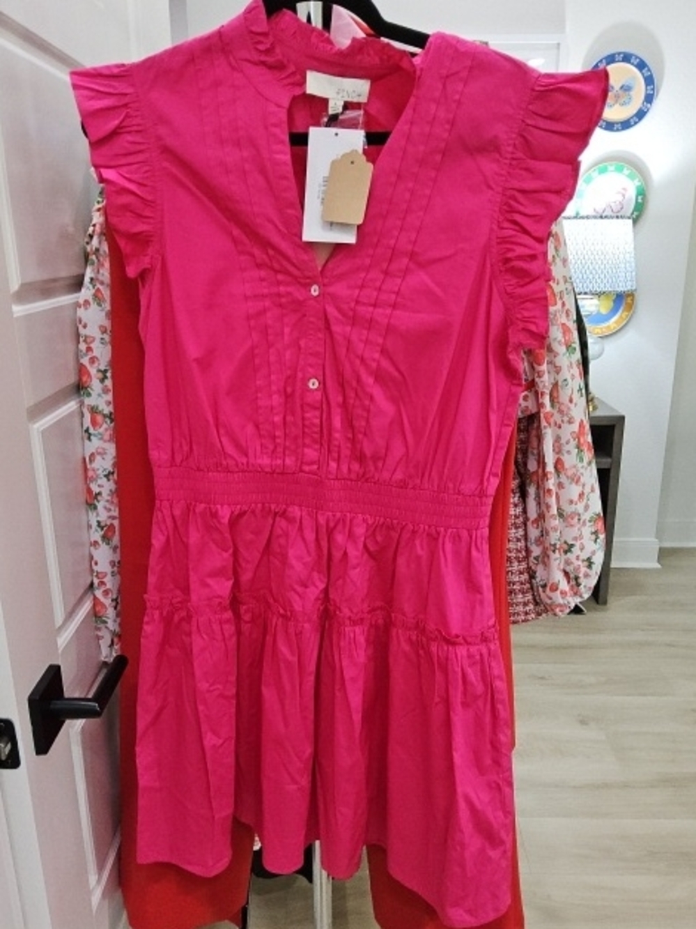 Pinch Hot Pink Ruffle Sleeve Tiered Dress
